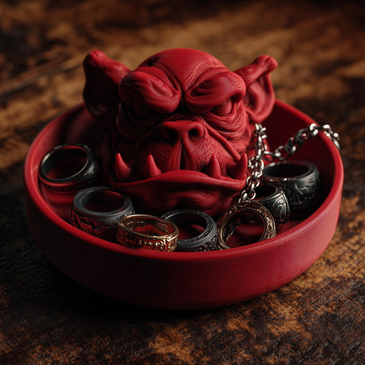 Demon-shaped jewelry organizer with a round tray base, tusks, pointed ears, and detailed facial features holding rings and chains on a rustic tabletop.