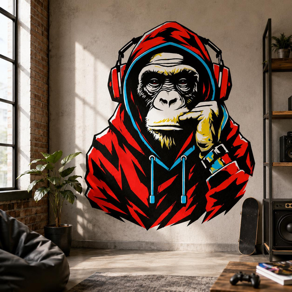 Large wall sticker of a stern gorilla wearing a red and black hoodie and red headphones, with blue trim and yellow accents, displayed on a light loft wall.