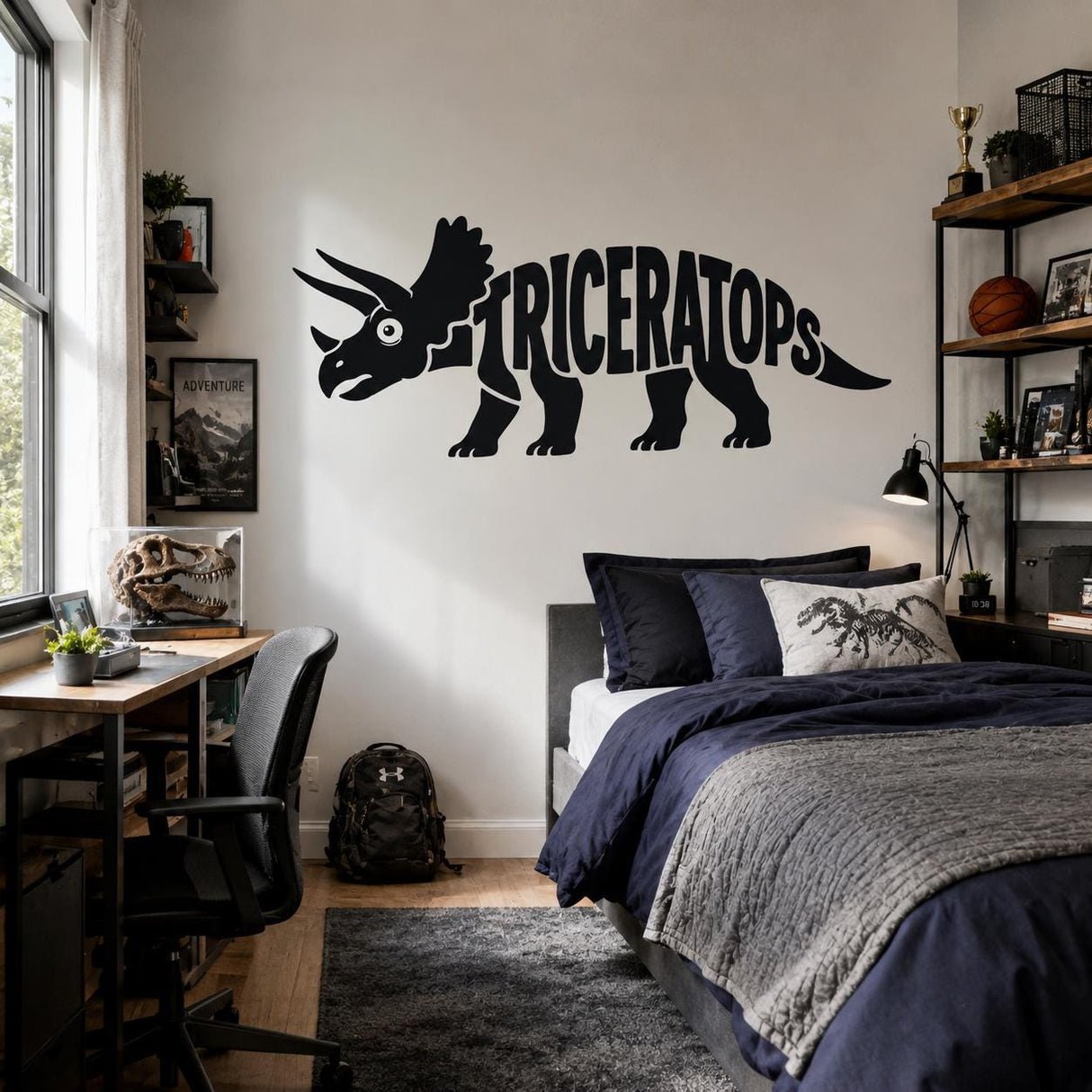 Triceratops Wall Decal | Dinosaur Name Wall Sticker | Black Dino Silhouette Decor | Kids Bedroom Nursery Wall Art | Prehistoric Decor Design