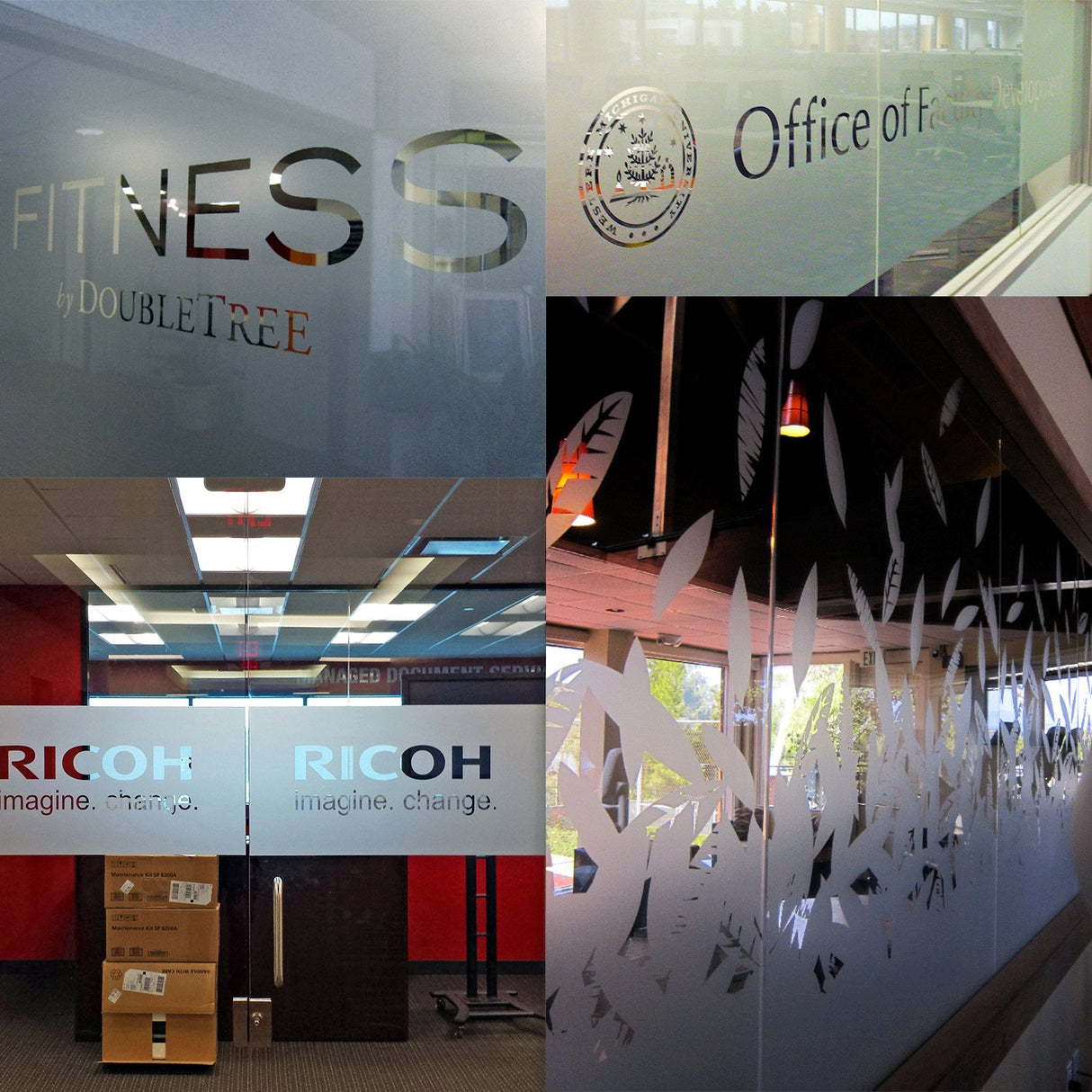 Collage of custom etched mirror decals showcasing elegant designs for office and fitness spaces.