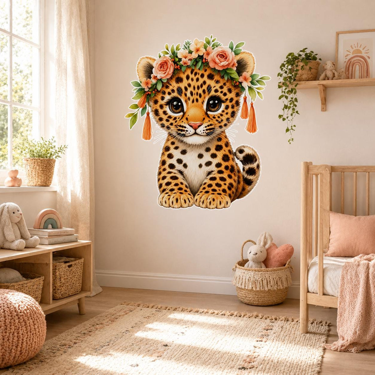 Baby Leopard Floral Wall Decal | Nursery Jungle Animal Sticker | Boho Safari Kids Room Decor | Peach Rose Playroom Wall Art | Cute Cub Decal