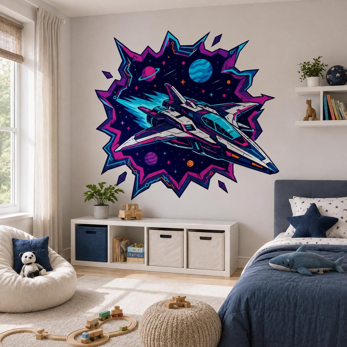 Spaceship Wall Art Print | Neon Sci Fi Space Decor | Futuristic Starship Artwork | Galaxy Planet Poster | Gamer Room Decor | Cosmic Wall Art