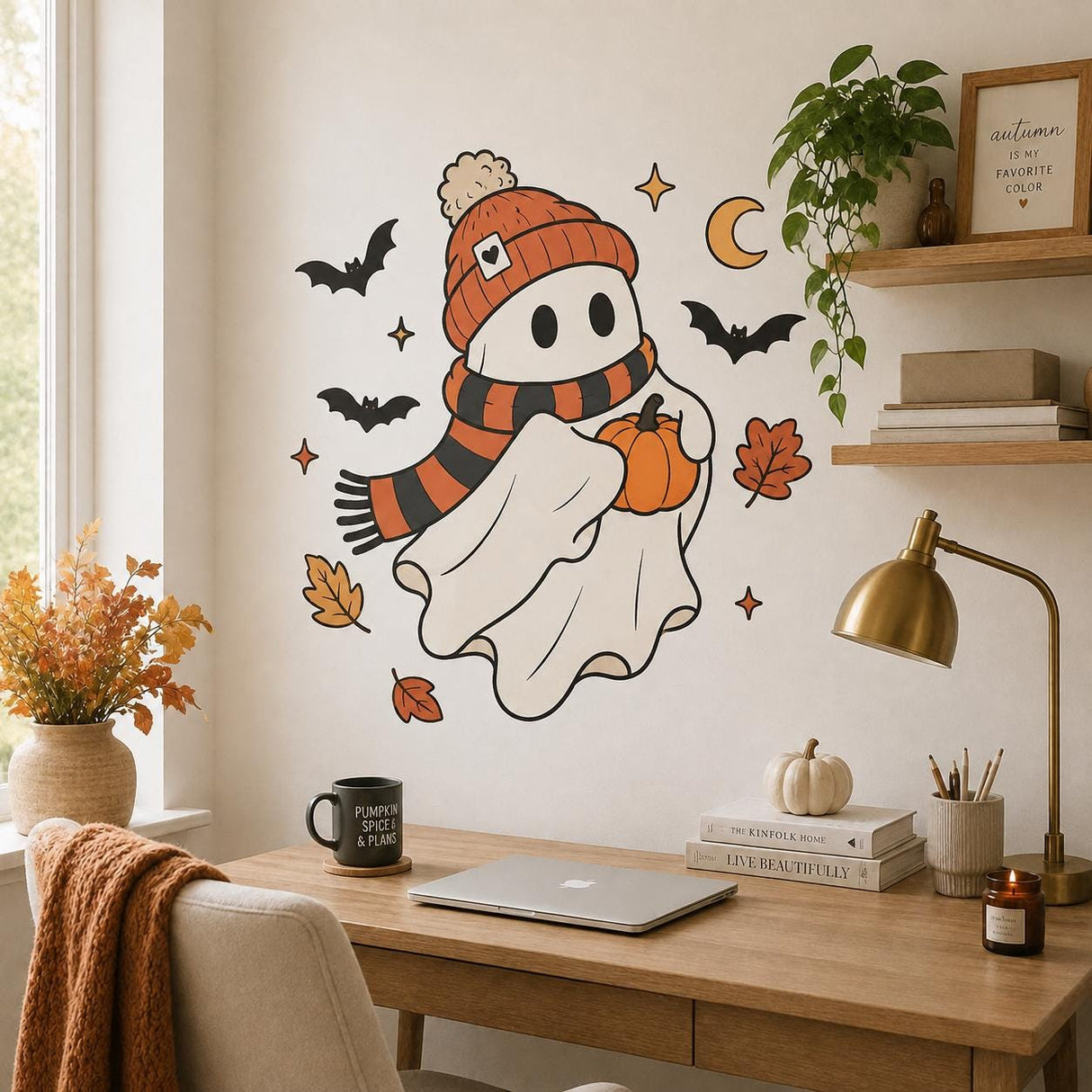 Cute Halloween Ghost Wall Decal | Ghost & Pumpkin Wall Sticker | Autumn Halloween Decor | Kids Room Wall Art | Cozy Spooky Autumn Wall Decor