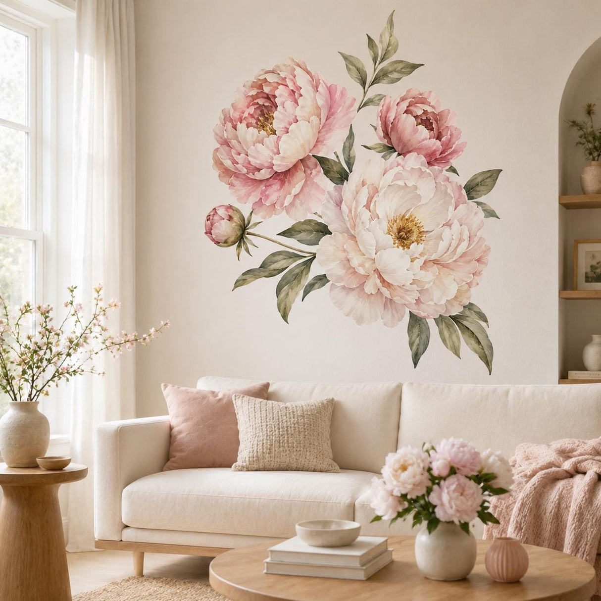 Pink Peony Floral Wall Decal | Watercolor Flower Wall Sticker | Pink Botanical Wall Decor | Bedroom Floral Decor | Peony Flower Wall Sticker