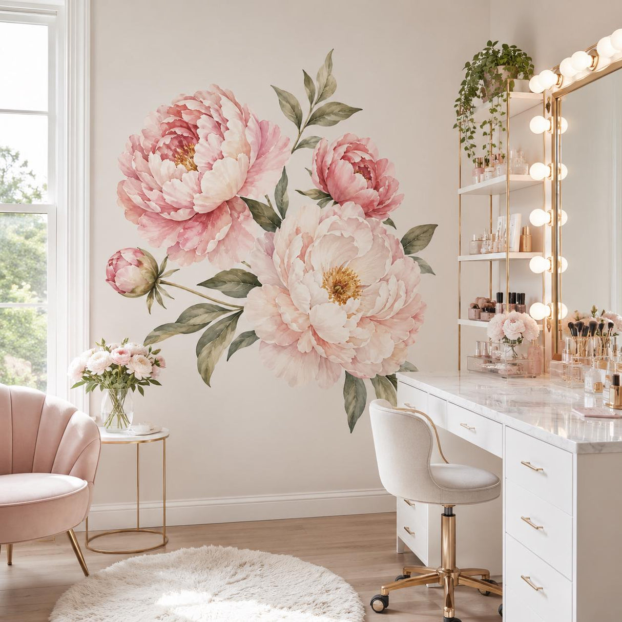 Pink Peony Floral Wall Decal | Watercolor Flower Wall Sticker | Pink Botanical Wall Decor | Bedroom Floral Decor | Peony Flower Wall Sticker