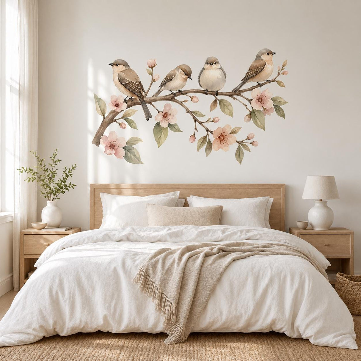 Watercolor Birds Wall Decal | Birds on Branch Wall Sticker | Floral Bird Wall Art | Botanical Bedroom Decor | Spring Blossom Wall Decoration