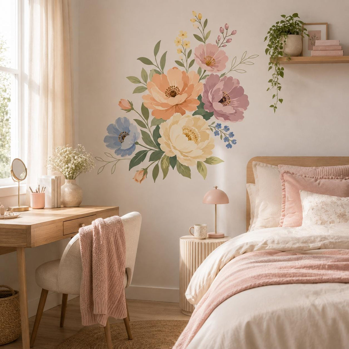 Pastel Floral Wall Decal | Botanical Flower Wall Sticker | Wildflower Bouquet Wall Art | Bedroom Decor | Soft Spring Flowers Wall Decoration