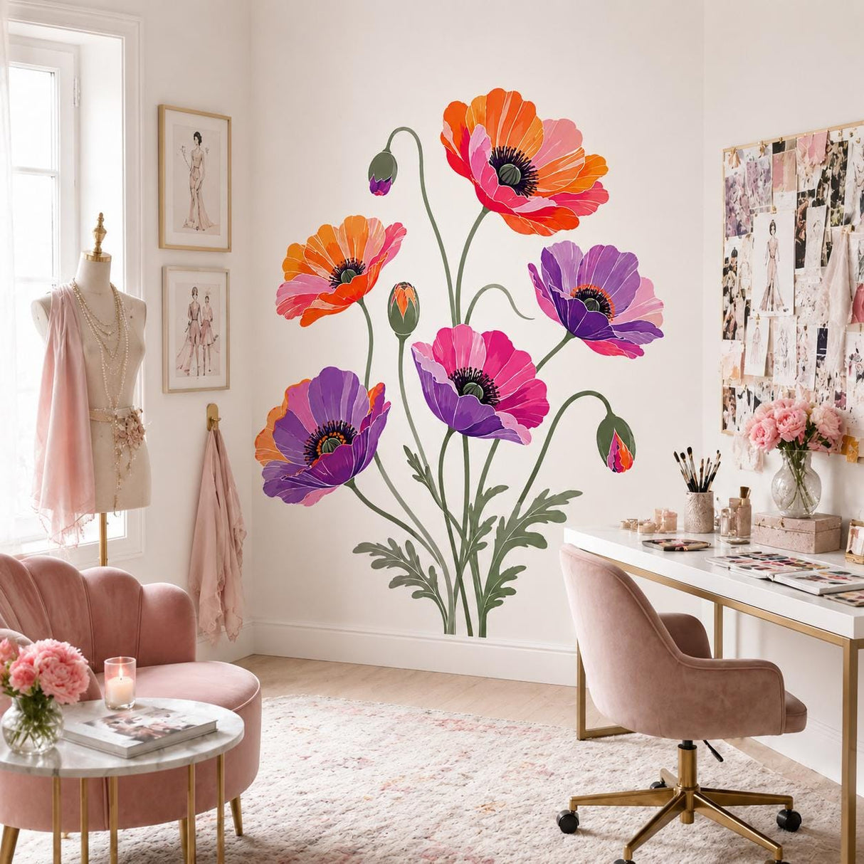 Colorful Poppy Flower Wall Decal | Poppy Floral Wall Sticker | Botanical Bedroom Decor | Fresh Wildflower Wall Art | Vibrant Home Wall Decor