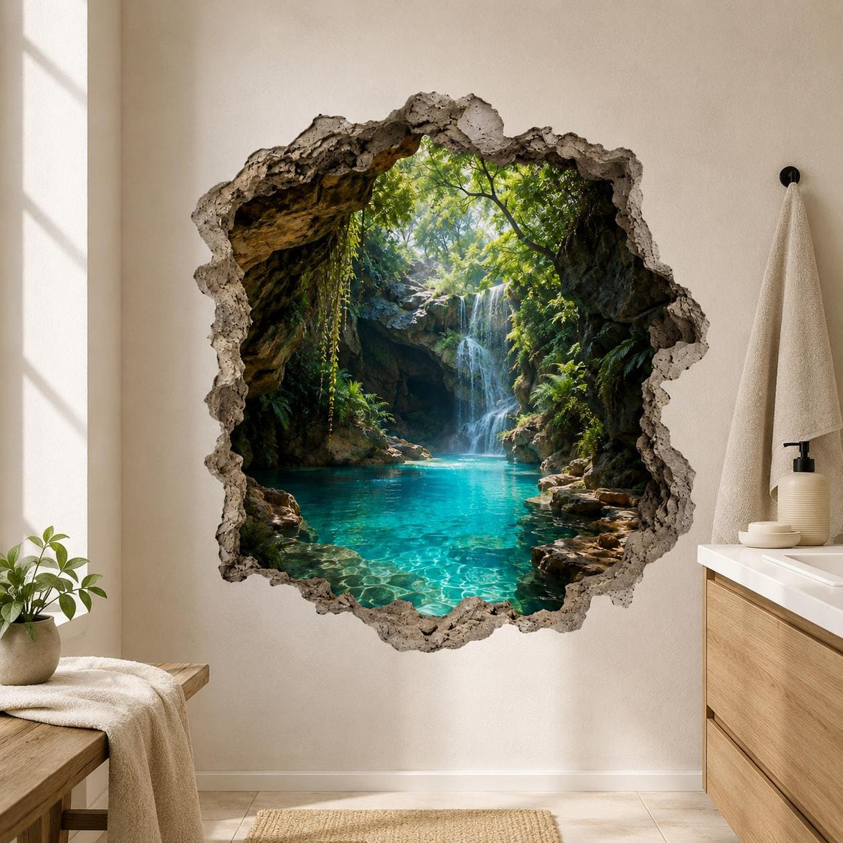 Realistic tropical waterfall flowing into a bright turquoise lagoon surrounded by rocky cave walls and lush green foliage, framed by a rugged broken-wall effect.