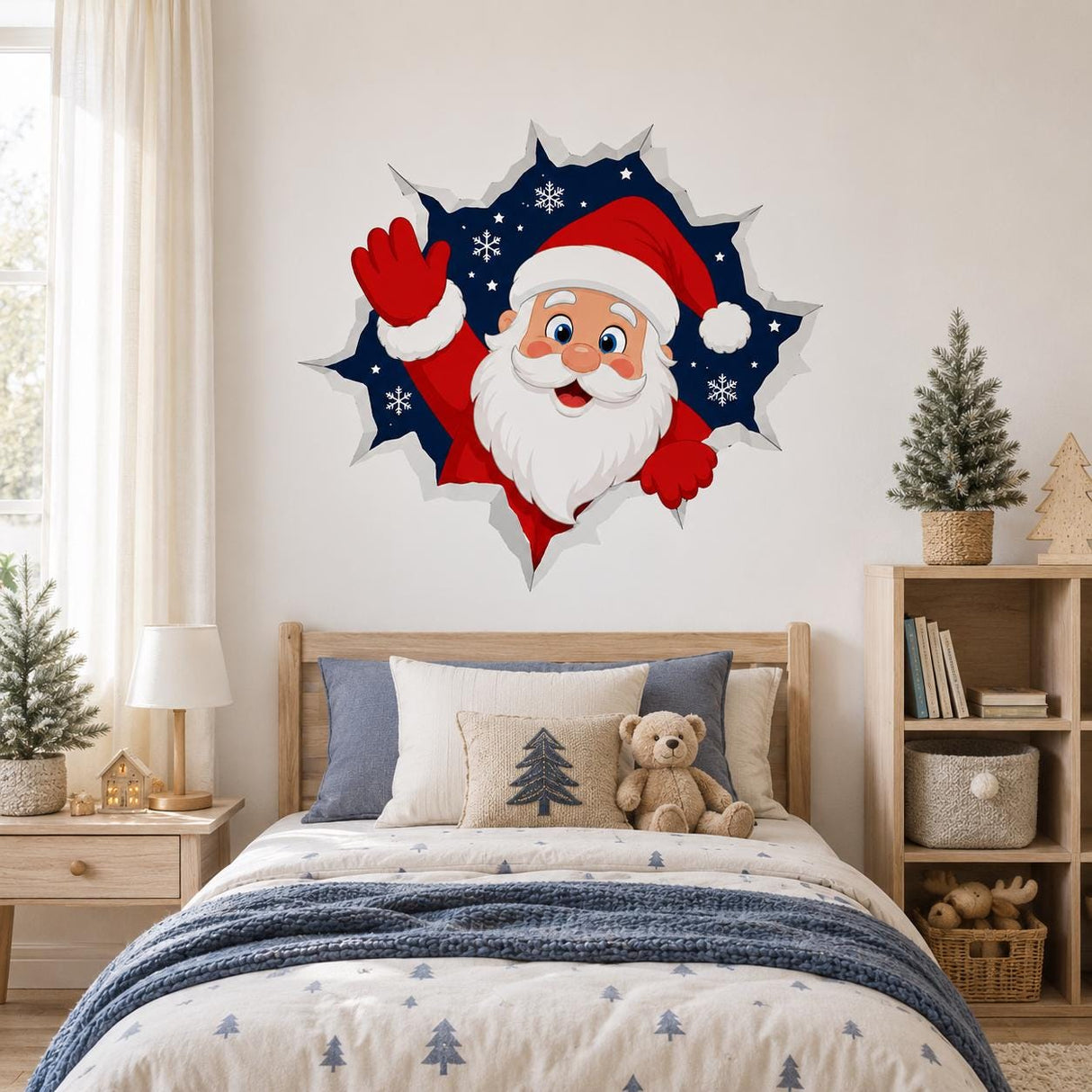 Santa Claus Wall Decal | Christmas Santa Wall Sticker | 3D Broken Wall Effect | Kids' Room Holiday Decor | Festive Christmas Wall Decoration