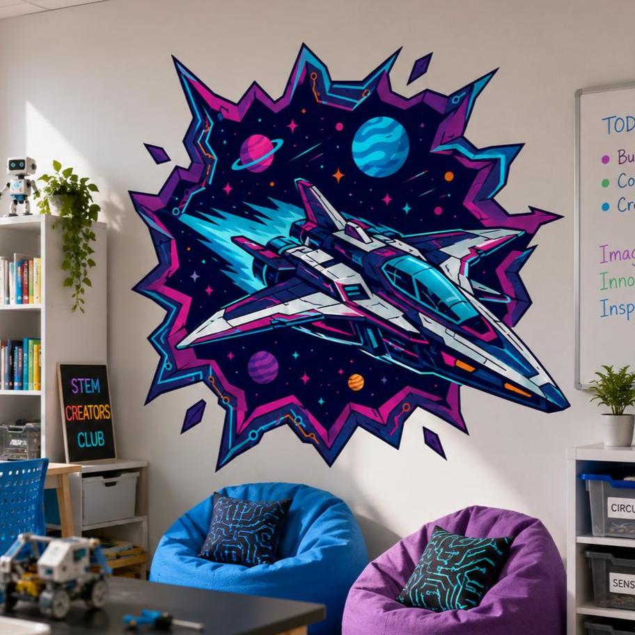 Futuristic white and navy spaceship with bright cyan and magenta accents flying through a jagged cosmic portal surrounded by colorful planets and stars.