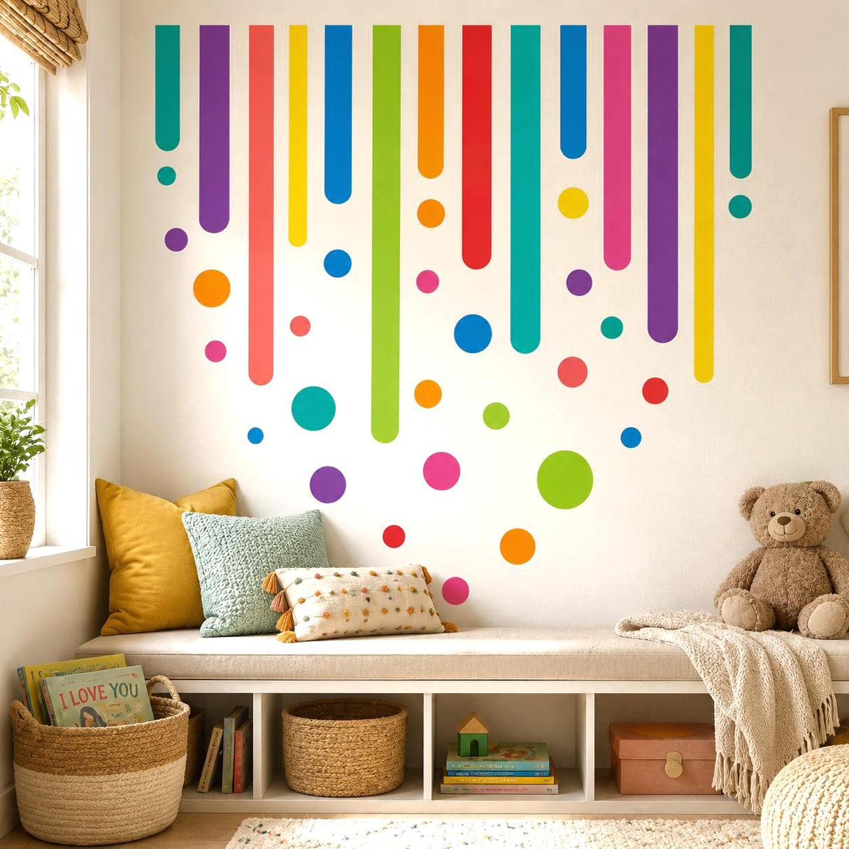 Abstract design with colorful rounded vertical bars and scattered circles in teal, purple, pink, red, orange, yellow, green, and blue on a white background.