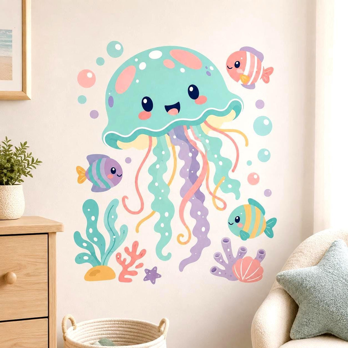 Pastel aqua smiling jellyfish surrounded by three colorful fish, bubbles, seaweed, coral, a starfish, shells, and ocean plants on a white background.