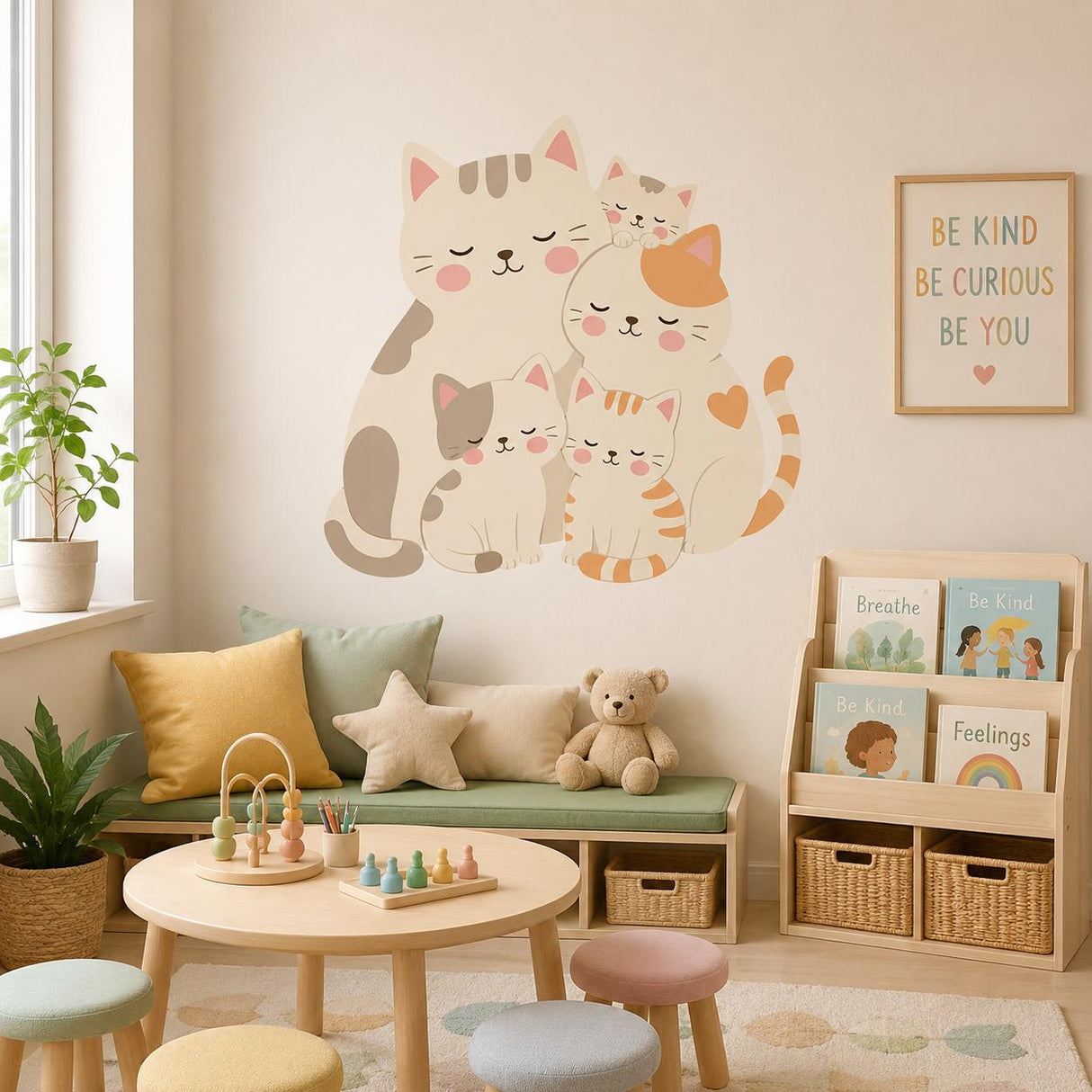 Cat Family Wall Decal | Cute Kitten Wall Sticker | Nursery Cat Wall Decor | Kawaii Animal Wall Art | Kids Room Decor | Pastel Cat Wall Mural