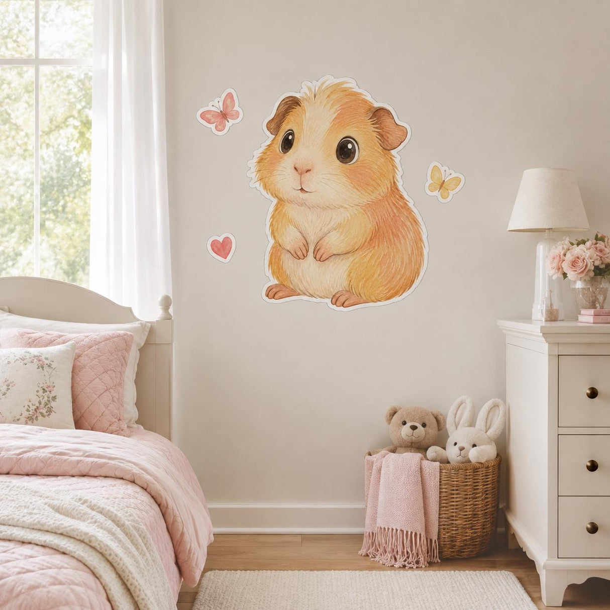 Cute Guinea Pig Wall Decal | Guinea Pig Wall Sticker | Nursery Animal Decor | Kids Room Wall Art | Pastel Pet Wall Decor | Butterfly Accents