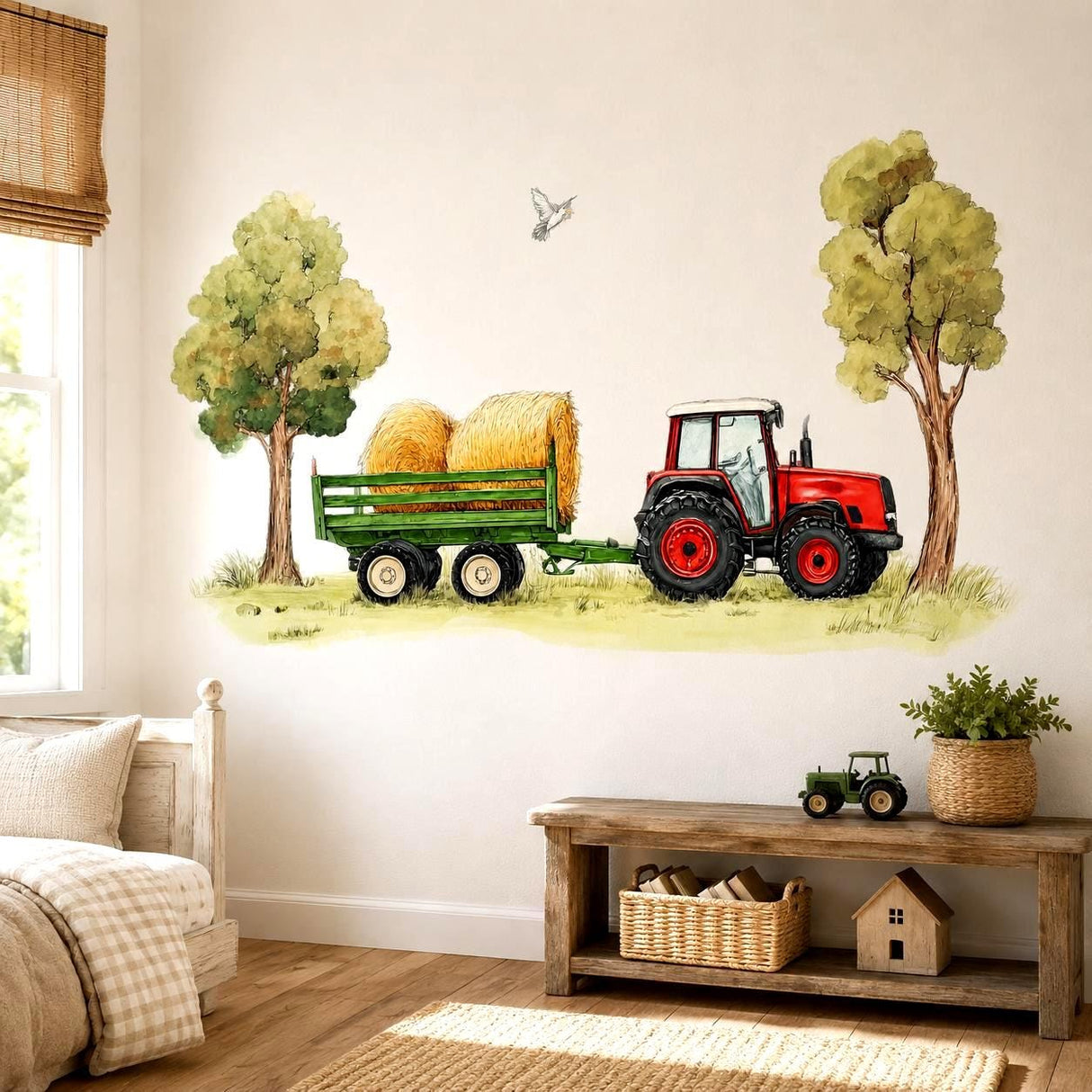 Watercolor-style farm scene with a red tractor pulling a green trailer loaded with large golden hay bales, framed by two leafy trees with grass below and a small bird flying overhead.