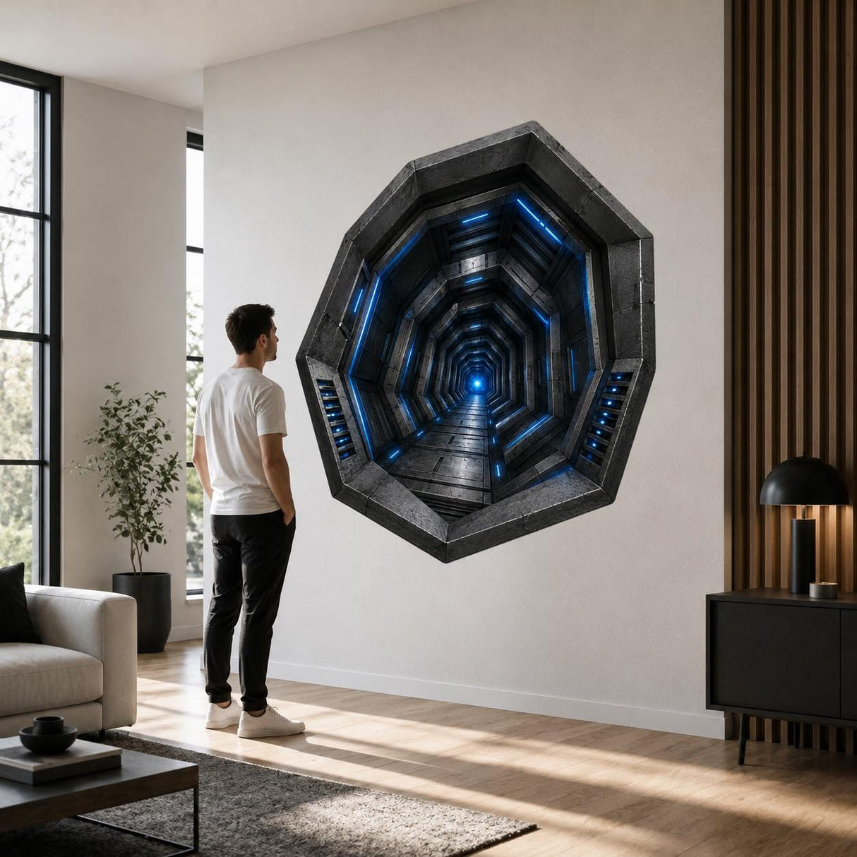 3D Sci-Fi Tunnel Wall Decal | Futuristic Corridor Sticker | Hexagon Portal Wall Art | Gamer Room Decor | Anamorphic Illusion