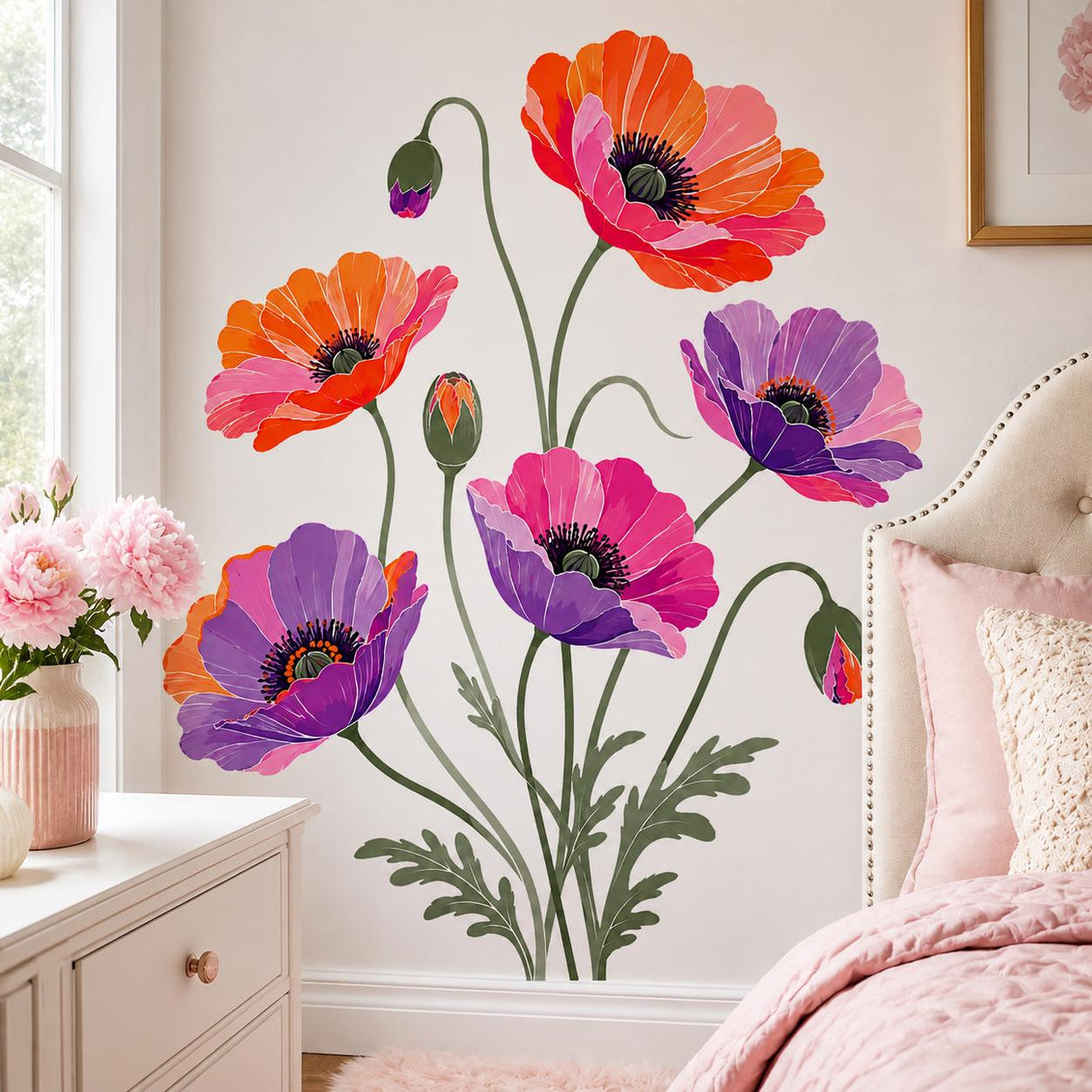 Stylized floral arrangement with five poppy flowers in orange, coral pink, purple, and lavender, three hanging buds, dark flower centers, and slender muted-green stems and leaves on a white background.
