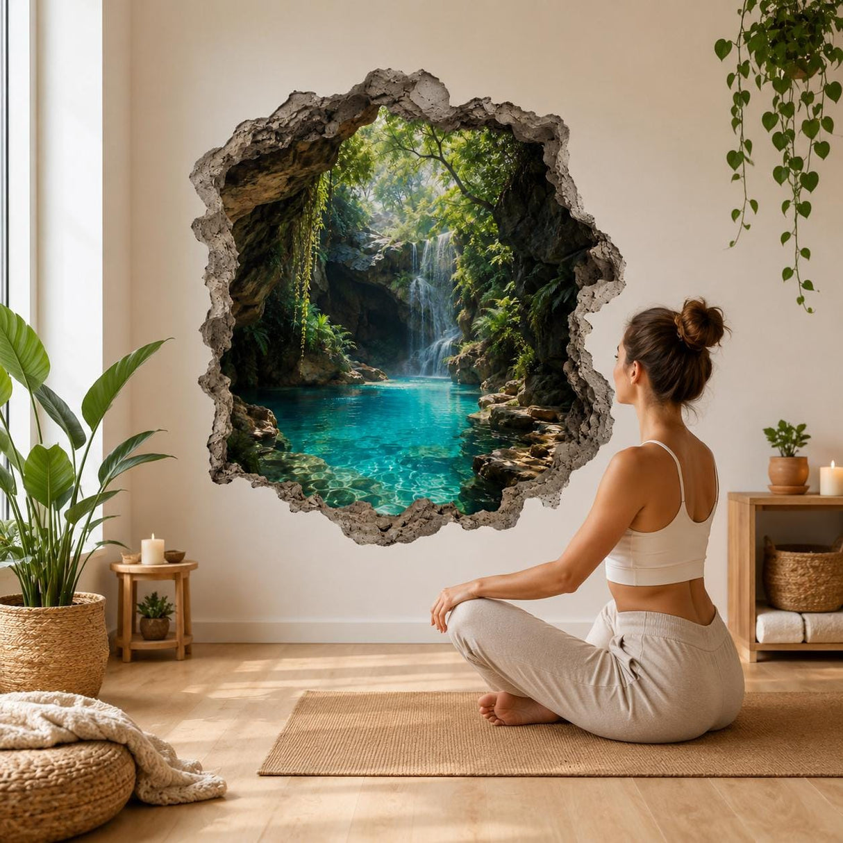 3D Tropical Waterfall Wall Decal | Tropical Cave Wall Sticker | Turquoise Lagoon Wall Art | Nature Bedroom Decor | Waterfall Wall Decoration