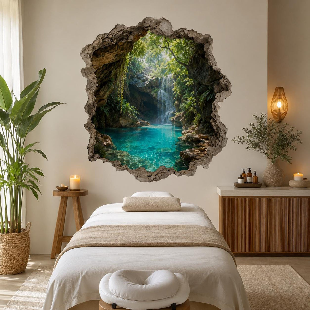 3D Tropical Waterfall Wall Decal | Tropical Cave Wall Sticker | Turquoise Lagoon Wall Art | Nature Bedroom Decor | Waterfall Wall Decoration