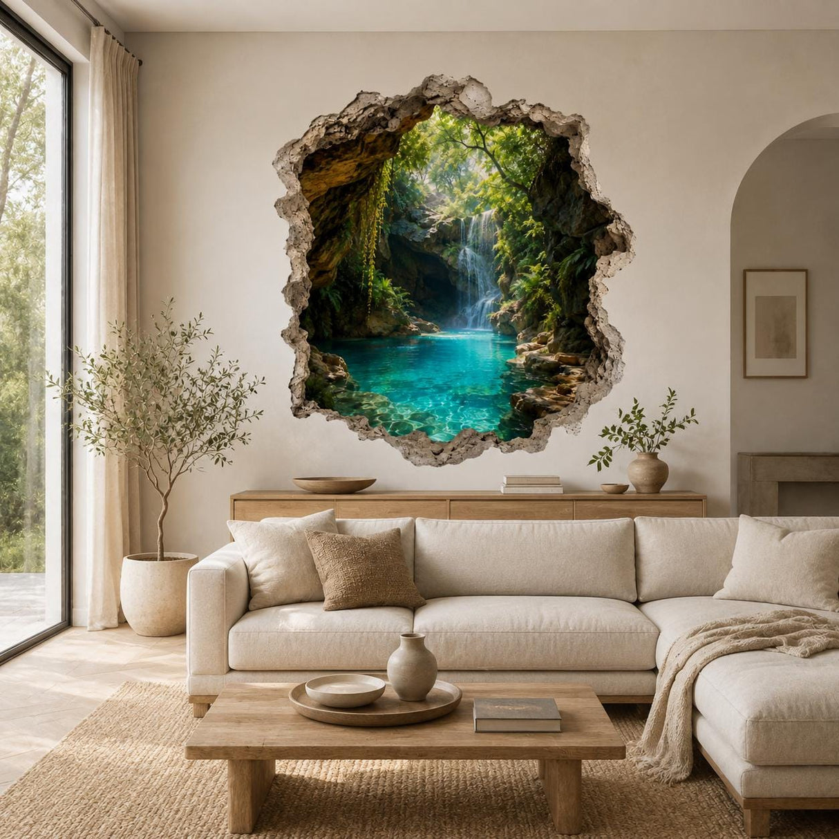 3D Tropical Waterfall Wall Decal | Tropical Cave Wall Sticker | Turquoise Lagoon Wall Art | Nature Bedroom Decor | Waterfall Wall Decoration