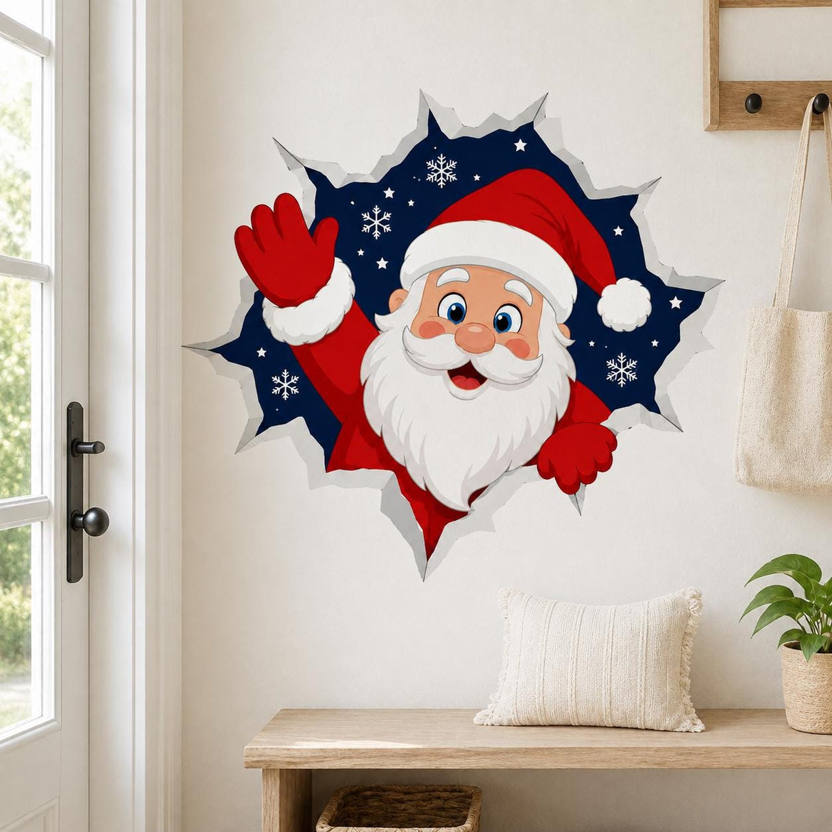 Cheerful cartoon Santa Claus in a red suit and hat waving through a jagged broken-wall opening, with a dark blue winter scene, white snowflakes, and stars behind him.