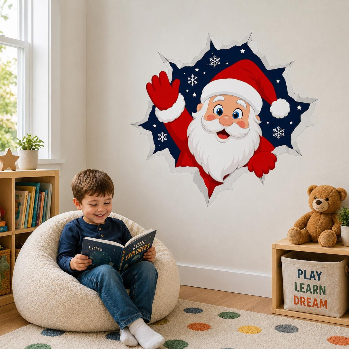 Santa Claus Wall Decal | Christmas Santa Wall Sticker | 3D Broken Wall Effect | Kids' Room Holiday Decor | Festive Christmas Wall Decoration