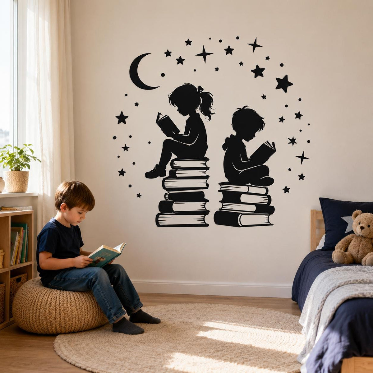 Kids Reading Wall Decal | Book Lover Wall Sticker | Classroom Library Decor | Reading Nook Wall Art | Children Books & Moon Stars Wall Decor