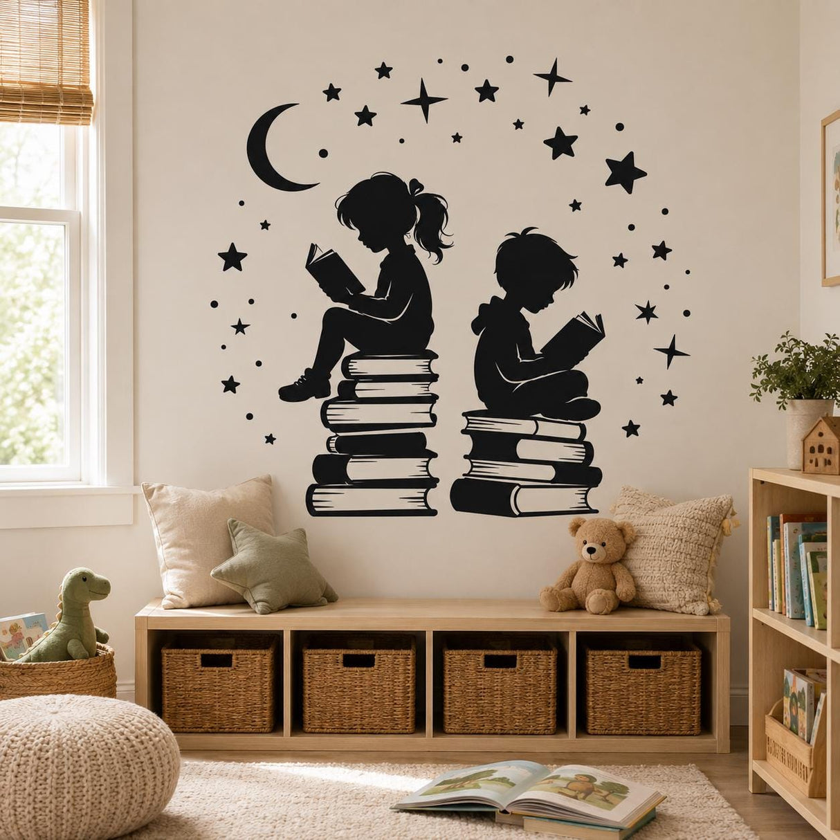 Kids Reading Wall Decal | Book Lover Wall Sticker | Classroom Library Decor | Reading Nook Wall Art | Children Books & Moon Stars Wall Decor