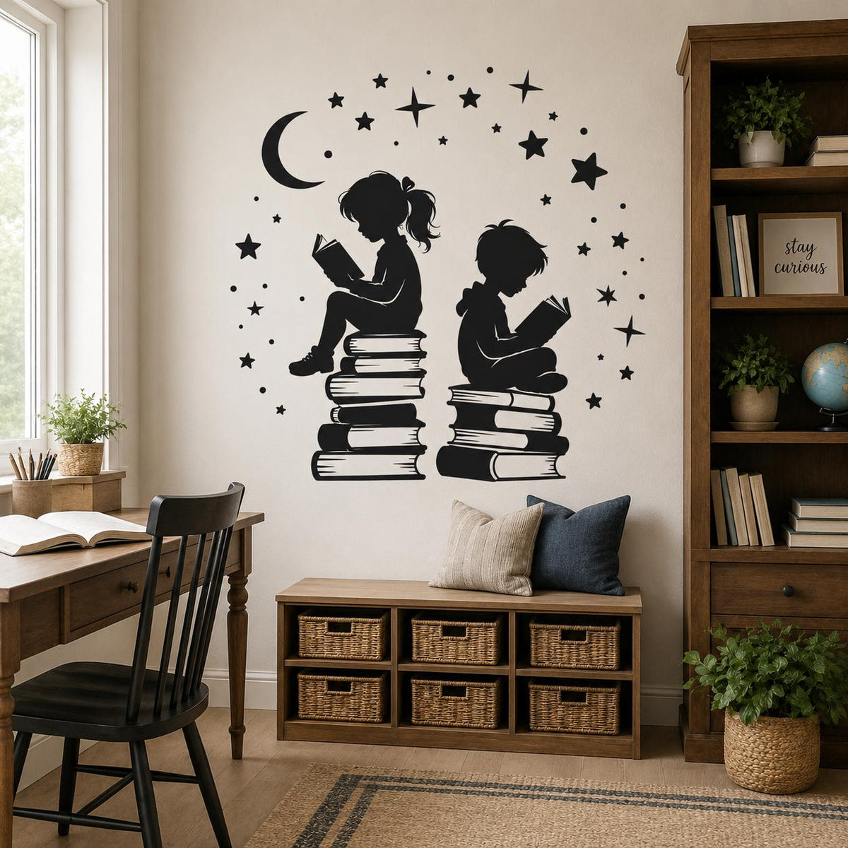 Kids Reading Wall Decal | Book Lover Wall Sticker | Classroom Library Decor | Reading Nook Wall Art | Children Books & Moon Stars Wall Decor