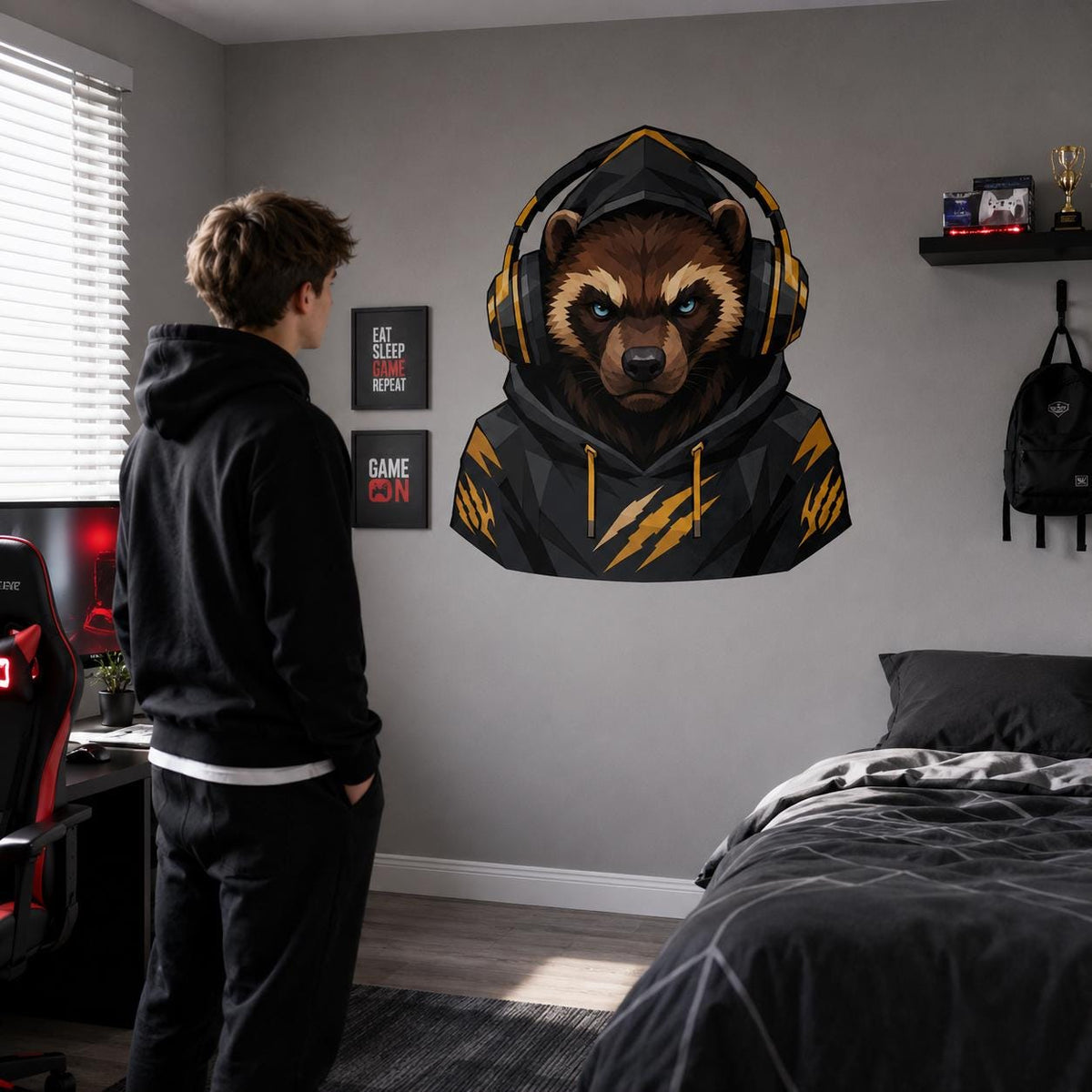 Raccoon Gamer Wall Decal | Gaming Raccoon Wall Sticker | Headphones Animal Decor | Teen Room Wall Art | Black Gold Gaming Bedroom Wall Decor