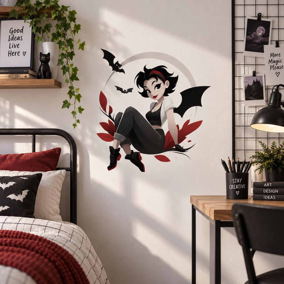 Gothic Bat Girl Wall Decal | Cute Spooky Vinyl Sticker | Gothic Bedroom Decor | Dark Kawaii Anime Wall Art | Vampire Inspired Moon Decor