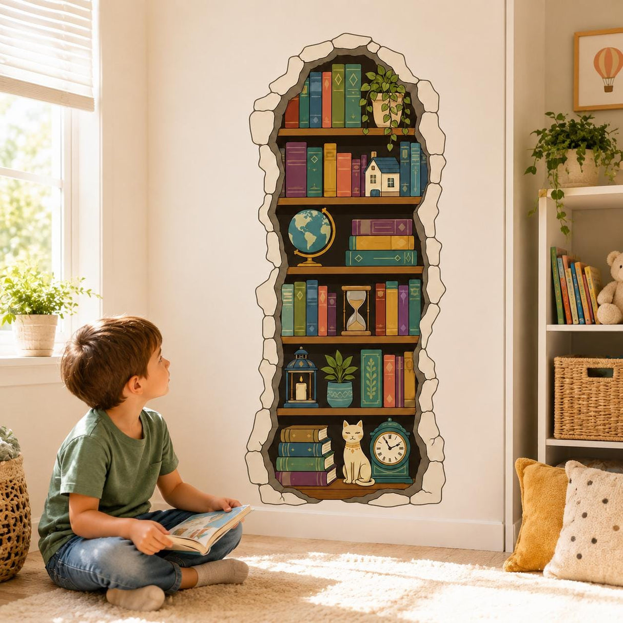 Bookshelf Wall Decal | Cozy Library Wall Sticker | Book Lover Room Decor | Reading Nook Wall Art | 3D Stone Niche Bookshelf Wall Decorations