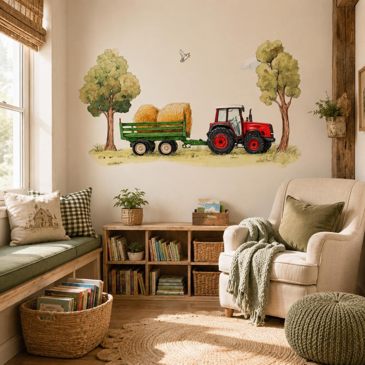 Red Tractor Wall Decal | Farm Tractor & Hay Trailer Wall Sticker | Rustic Kids Room Decor | Country Nursery Wall Art | Farm Wall Decorations