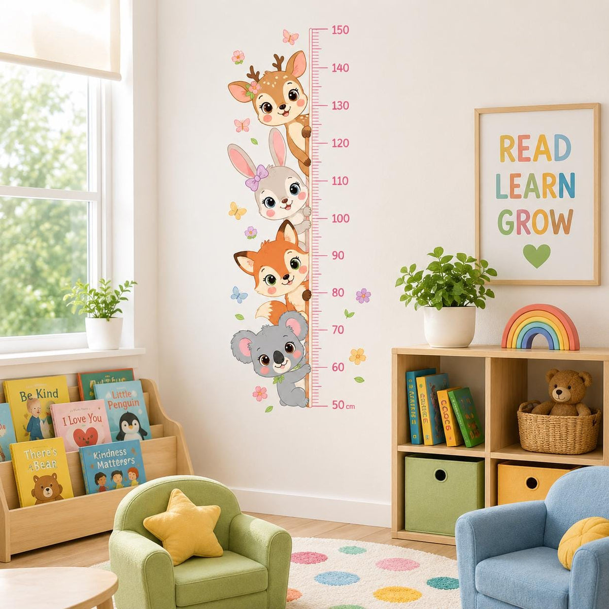 Children’s height chart from 50 to 150 cm with a cute deer, bunny, fox, and koala peeking around the measuring scale, surrounded by pastel butterflies, small flowers, and leaves.