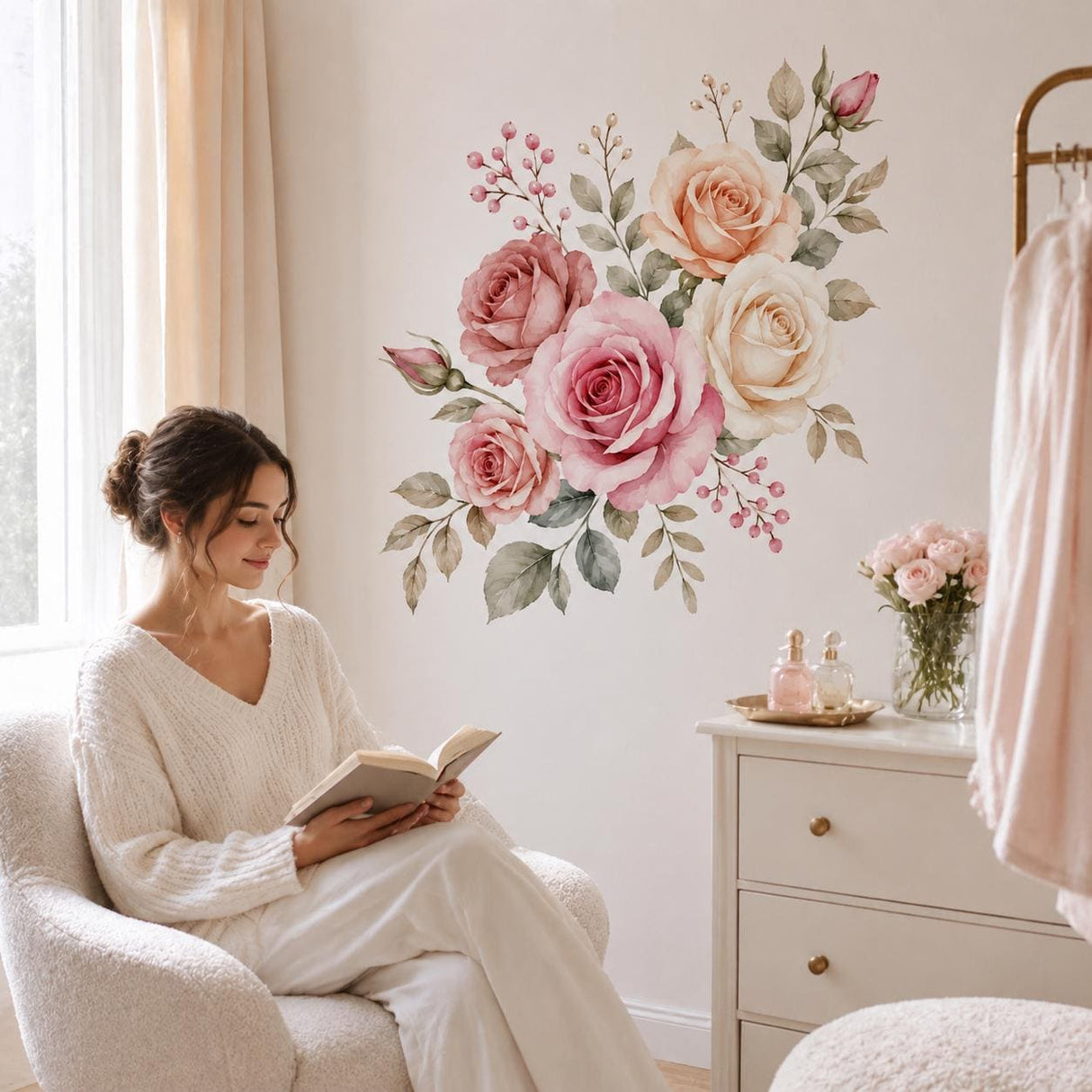 Watercolor Rose Wall Decal | Pink Rose Floral Wall Sticker | Romantic Botanical Wall Art | Bedroom Flower Decor | Blush Rose Wall Decoration