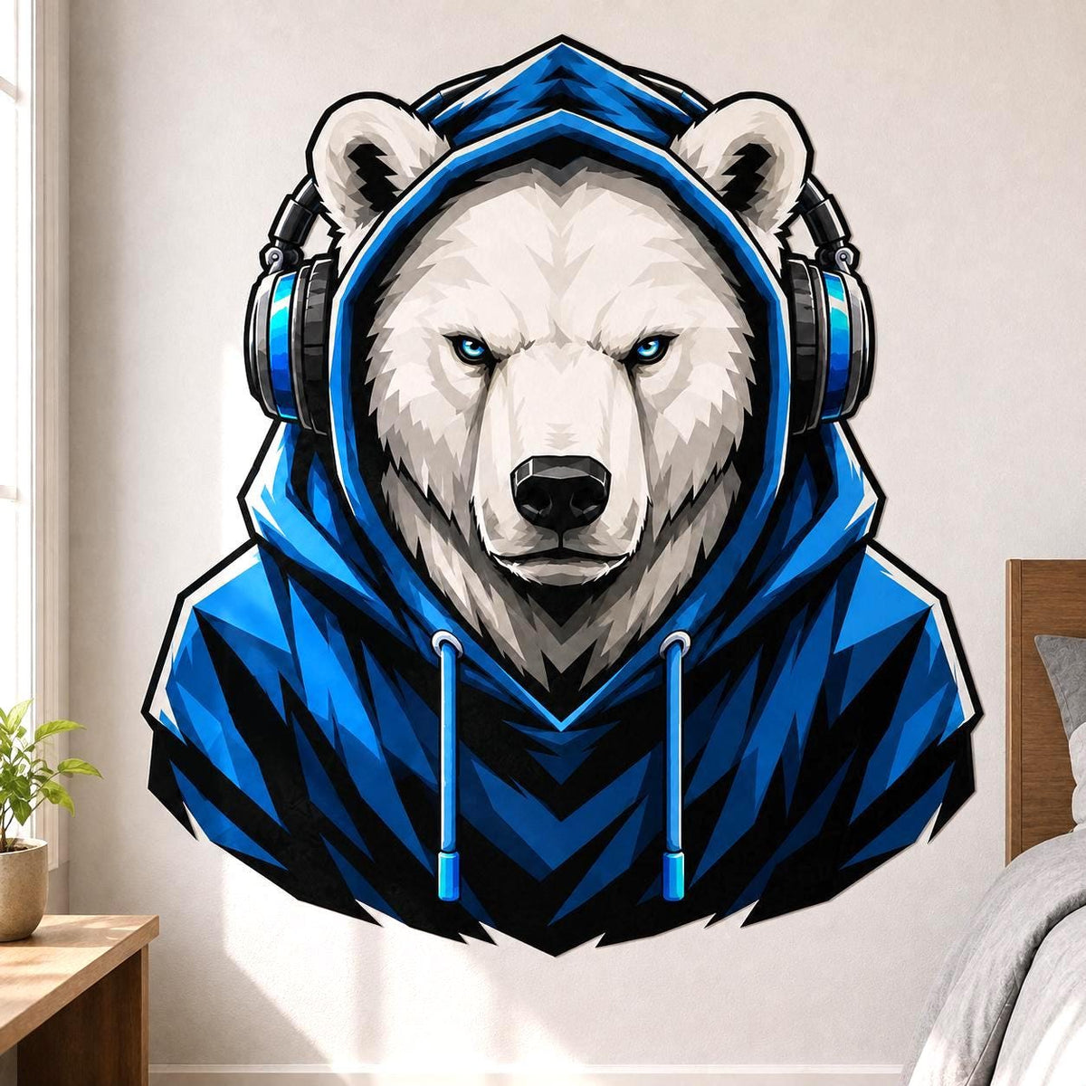 Bold illustrated white polar bear with intense icy-blue eyes and gray fur shading, wearing a vivid blue hooded sweatshirt and large black-and-blue over-ear headphones.