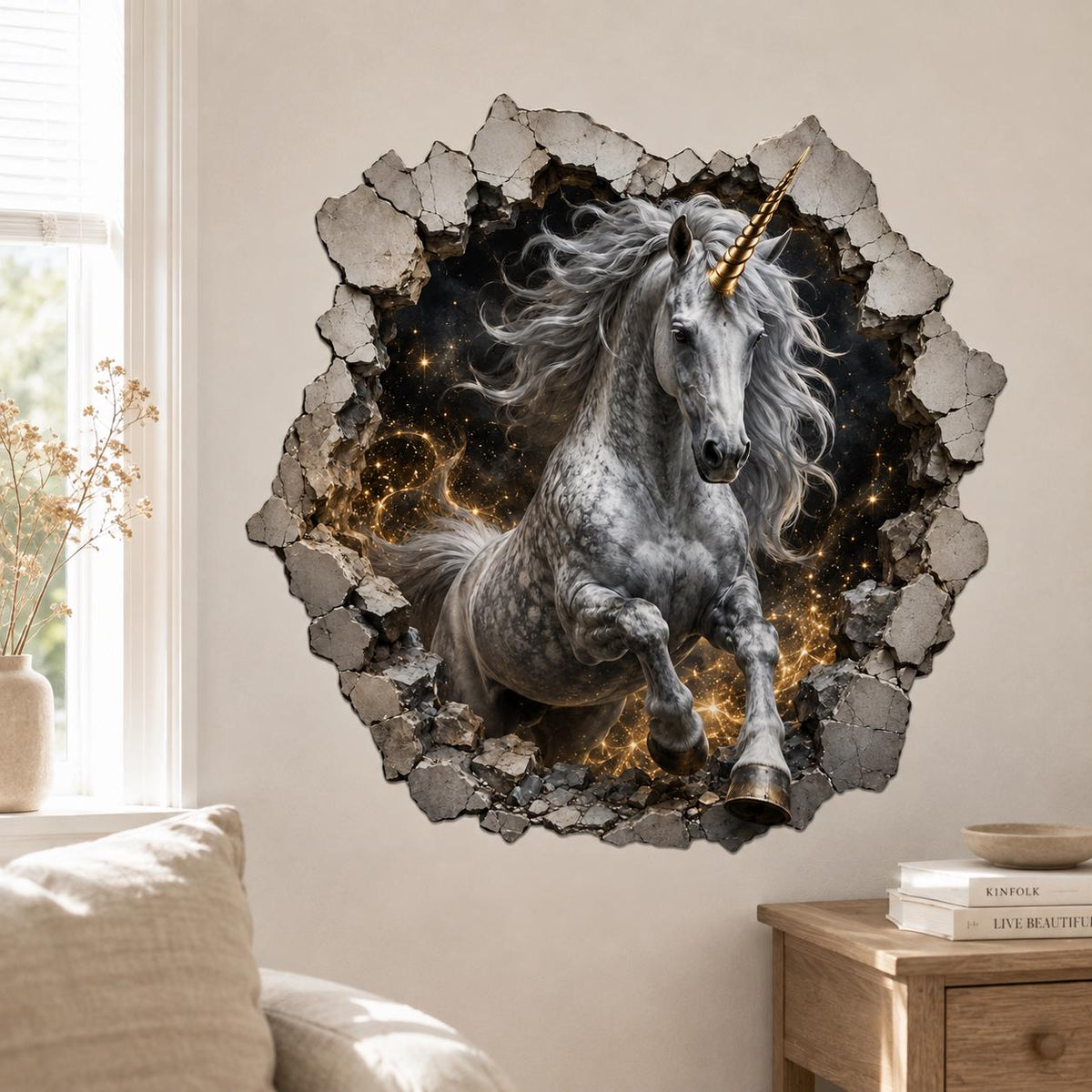 Silver-gray unicorn wall decal with a gold-colored horn, cracked-stone border, stars and swirling golden light trails.
