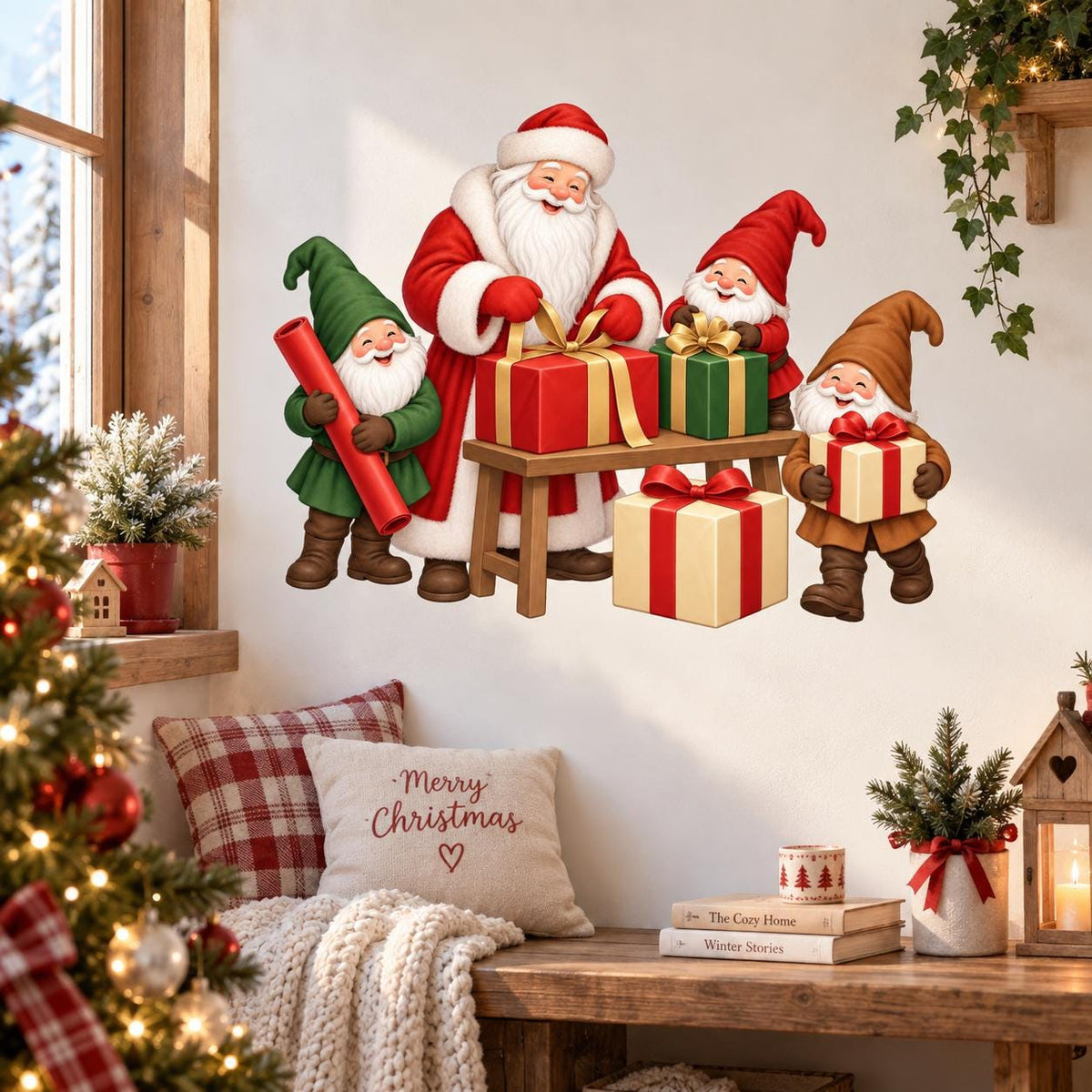 Christmas wall sticker with Santa and three cheerful gnomes wrapping red, green and gold gifts at a small table.
