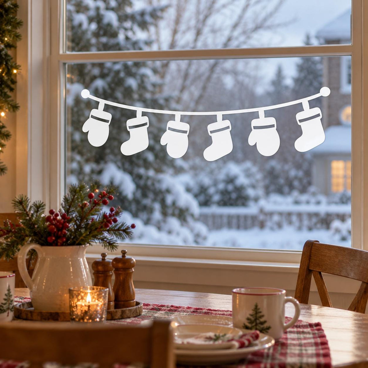 Christmas Stocking Garland Window Decal | White Vinyl Holiday Window Sticker | Kitchen Window Christmas Decor | Minimalist Winter Decoration
