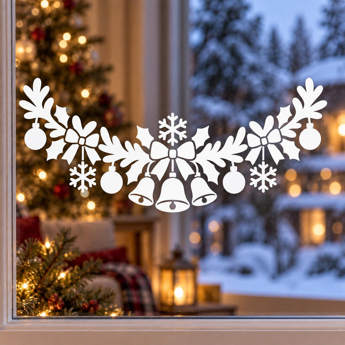 Christmas Bells Window Decal | White Holiday Garland Vinyl Sticker | Snowflake Ornament Glass Decor | Kitchen Window Decoration Festive