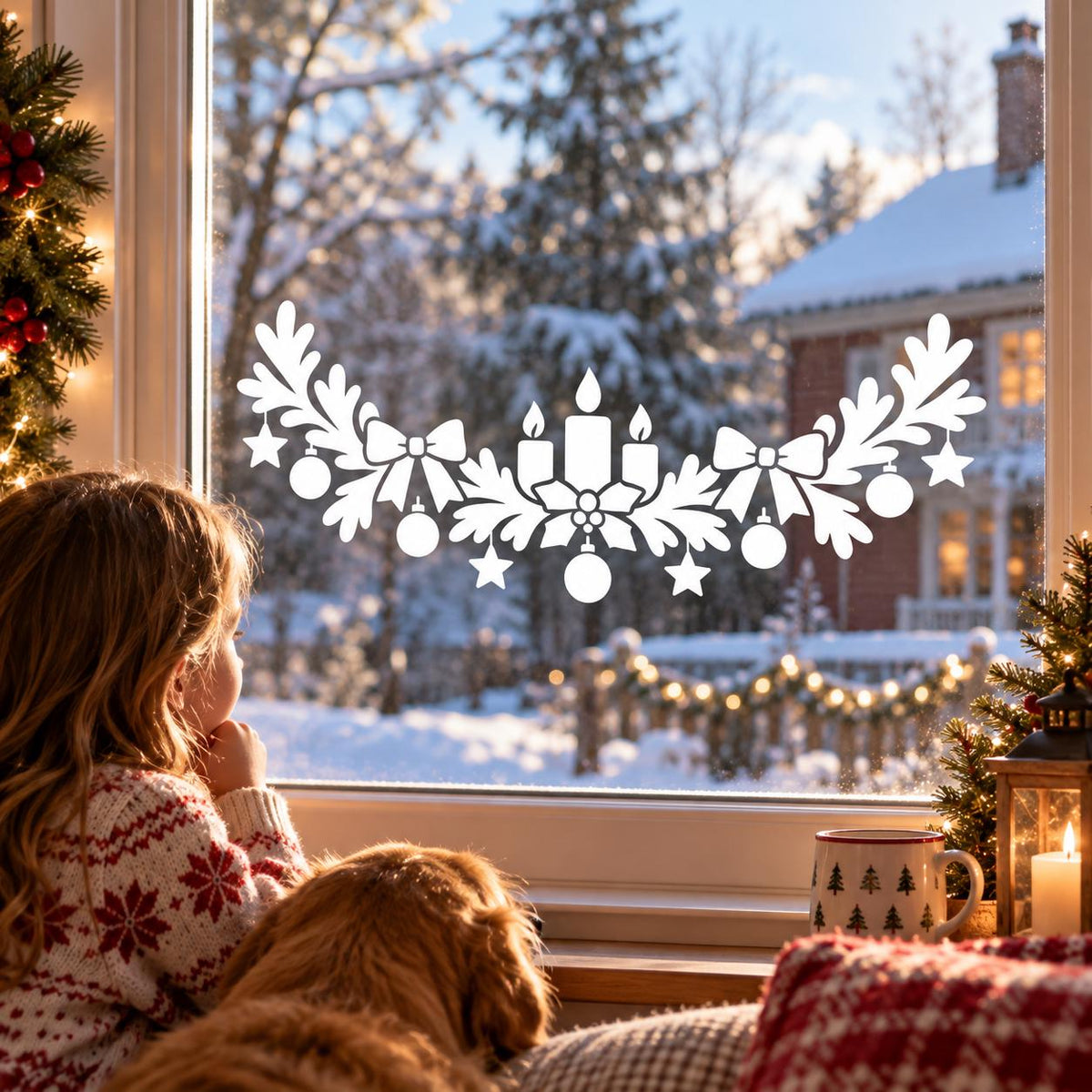 Christmas Window Decal | White Christmas Window Sticker | Candle Pine Bow Decor | Holiday Glass Decoration | Festive Winter Window Ornaments