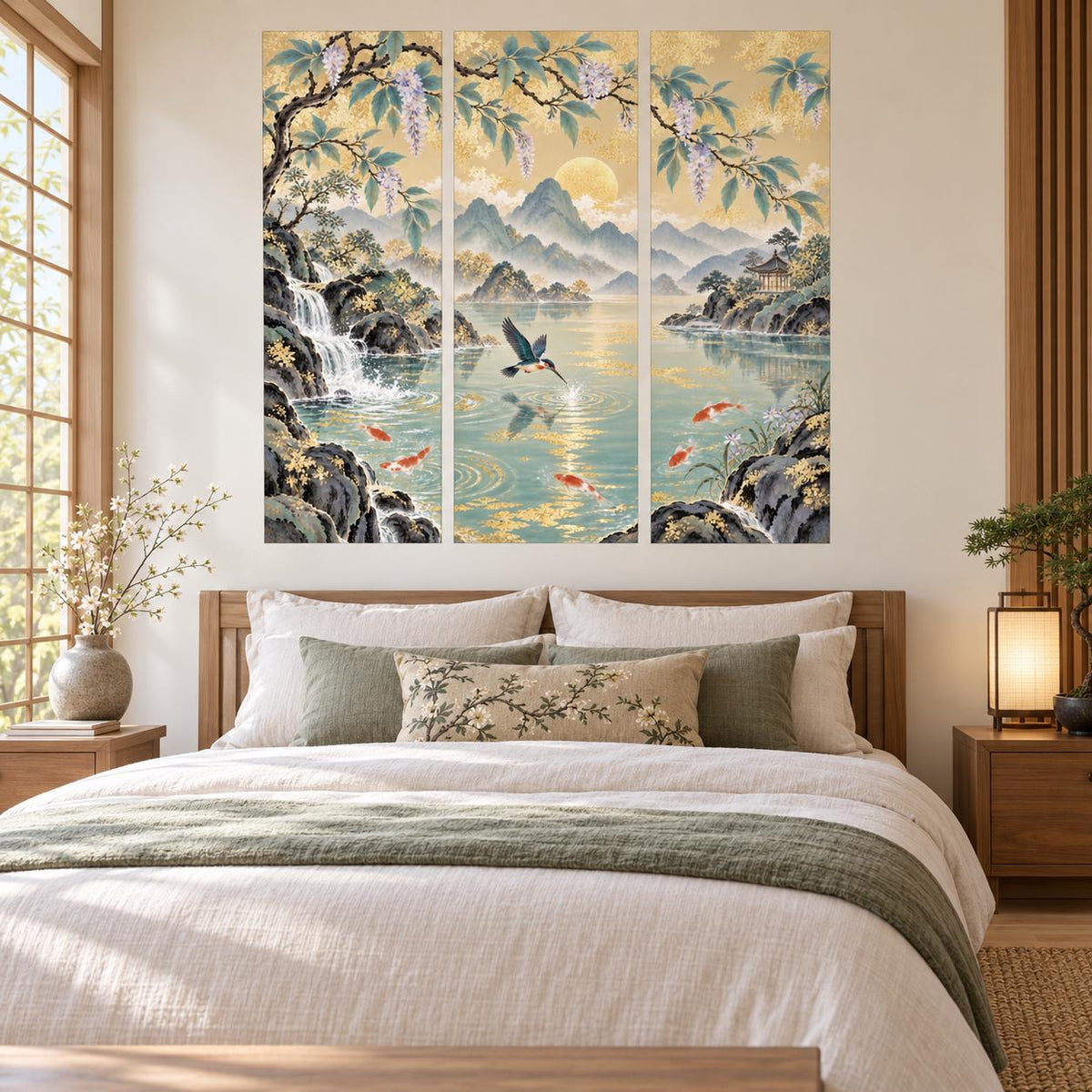 Koi lake triptych wall decal featuring turquoise water, floral blossoms, mountain scenery and a small pavilion.