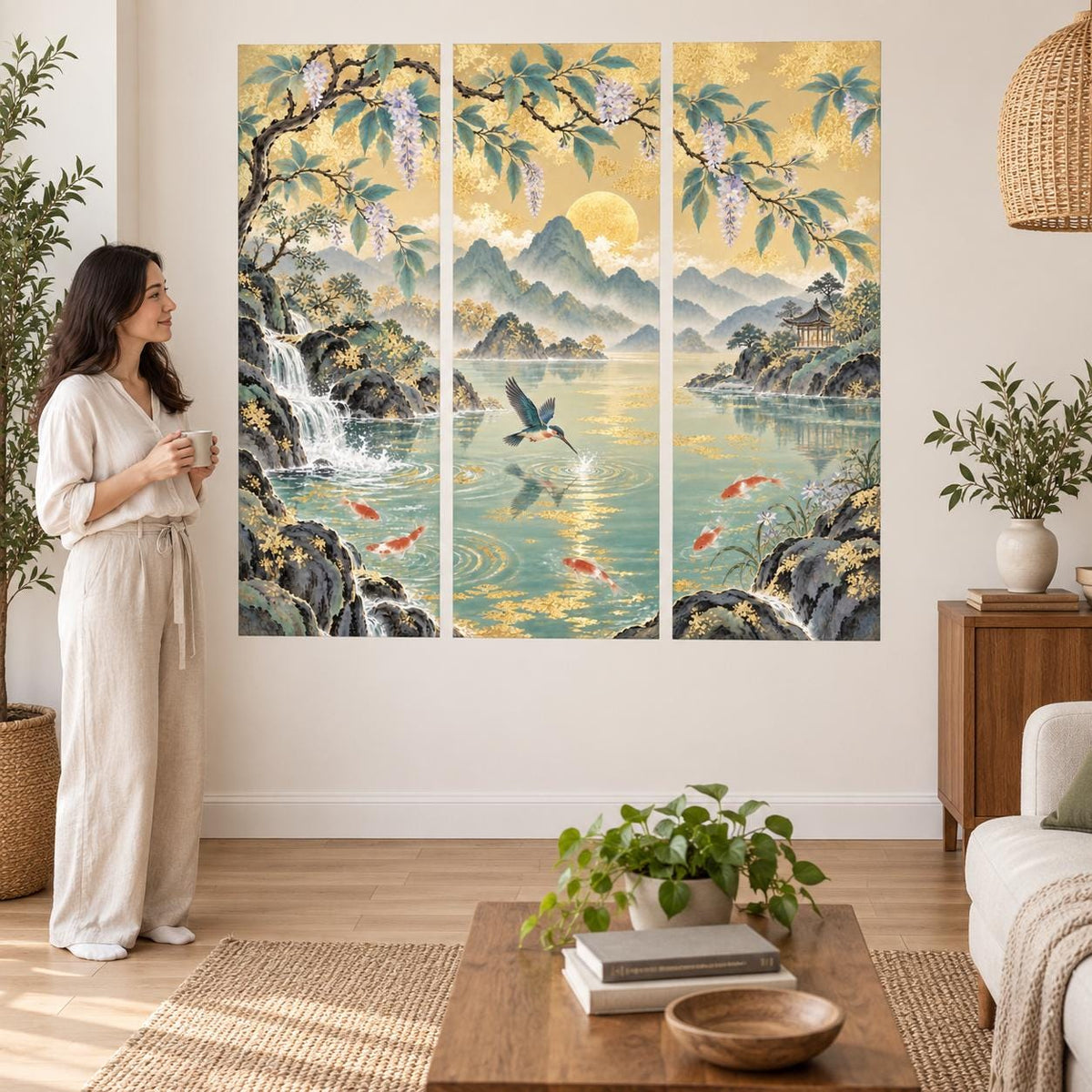 Decorative triptych sticker showing misty mountains, waterfalls and a pavilion beside a turquoise koi pond.