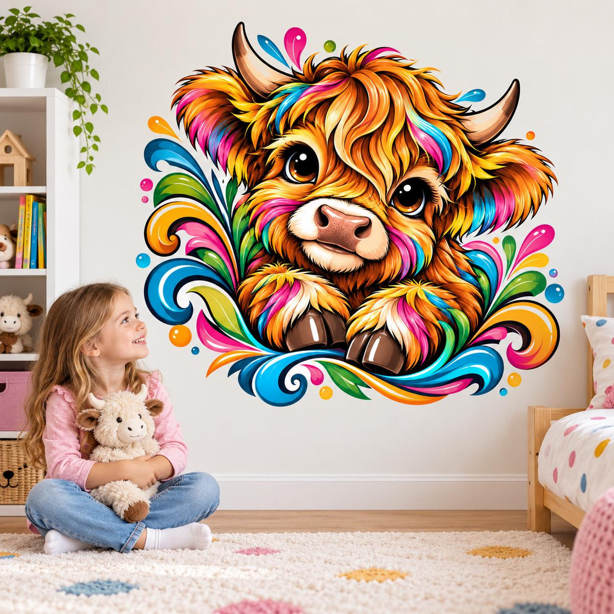 Cute Highland cow vinyl wall decal with expressive eyes and rainbow-colored swirling shapes around the calf.