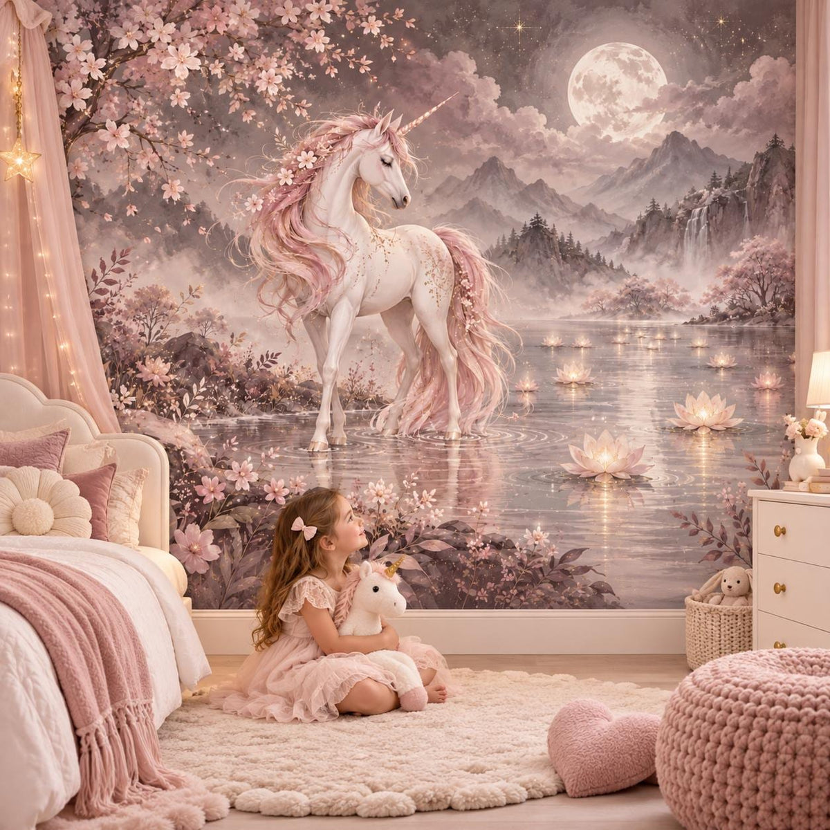 Unicorn Wall Mural Decal | Moonlit Pink Unicorn Vinyl Wall Decor | Cherry Blossom Nursery Decor | Girls Bedroom Fantasy Mural Celestial