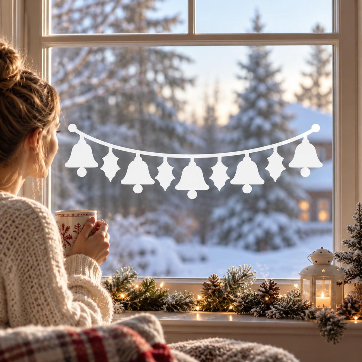 Christmas Bell and Holly Window Decal | White Vinyl Holiday Window Sticker | Minimalist Winter Decor | Festive Window Decor | Bell Garland