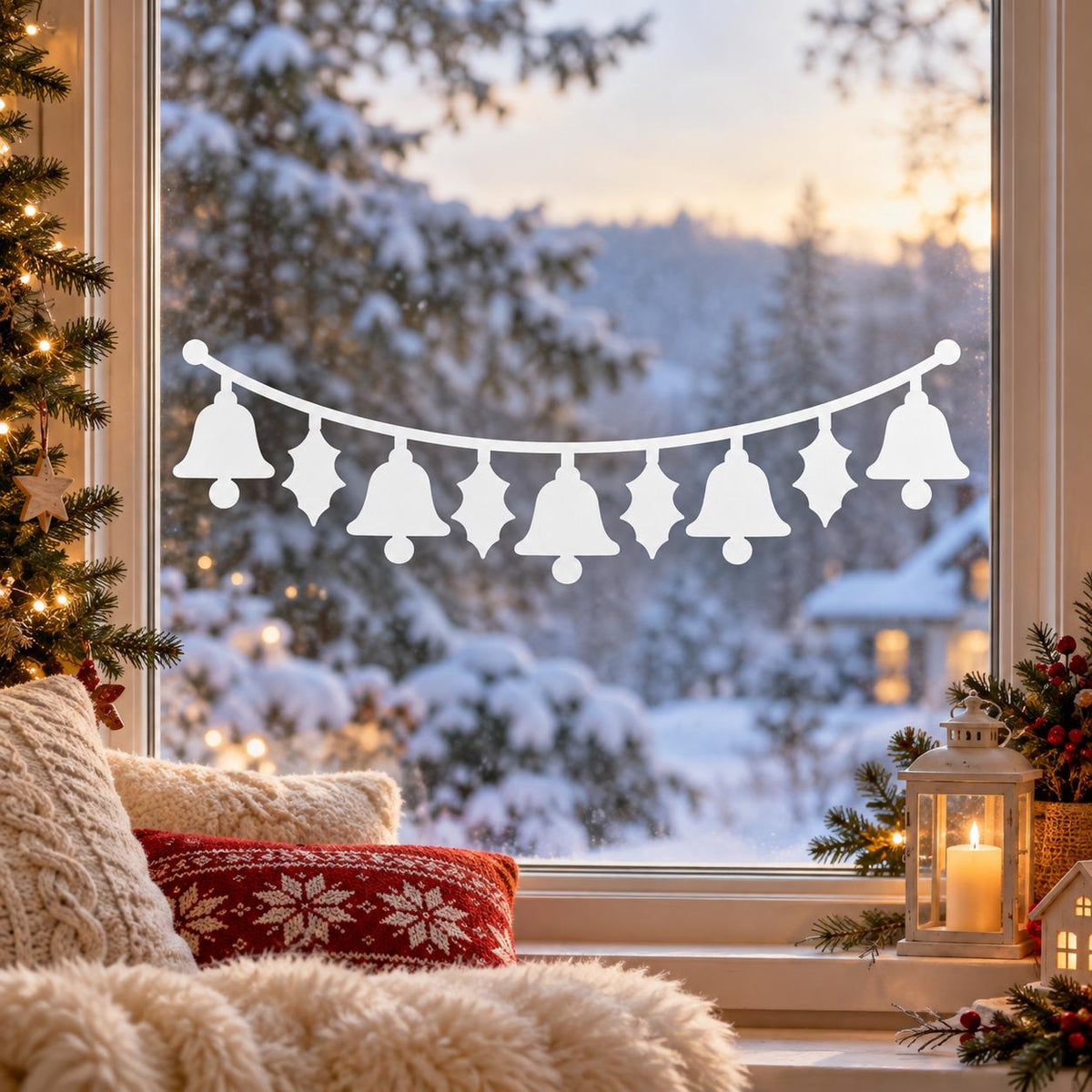 Christmas Bell and Holly Window Decal | White Vinyl Holiday Window Sticker | Minimalist Winter Decor | Festive Window Decor | Bell Garland