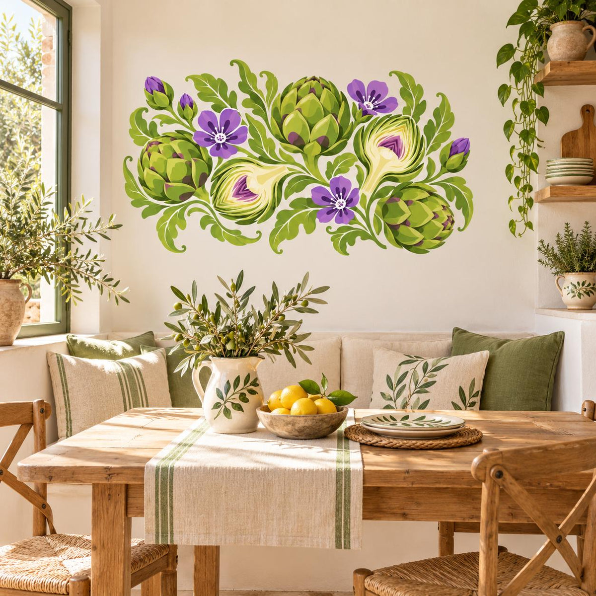 Artichoke Botanical Wall Decal | Colorful Vegetable Floral Kitchen Decor | Vinyl Garden Wall Sticker | Cottage Dining Room Decor Wall Art