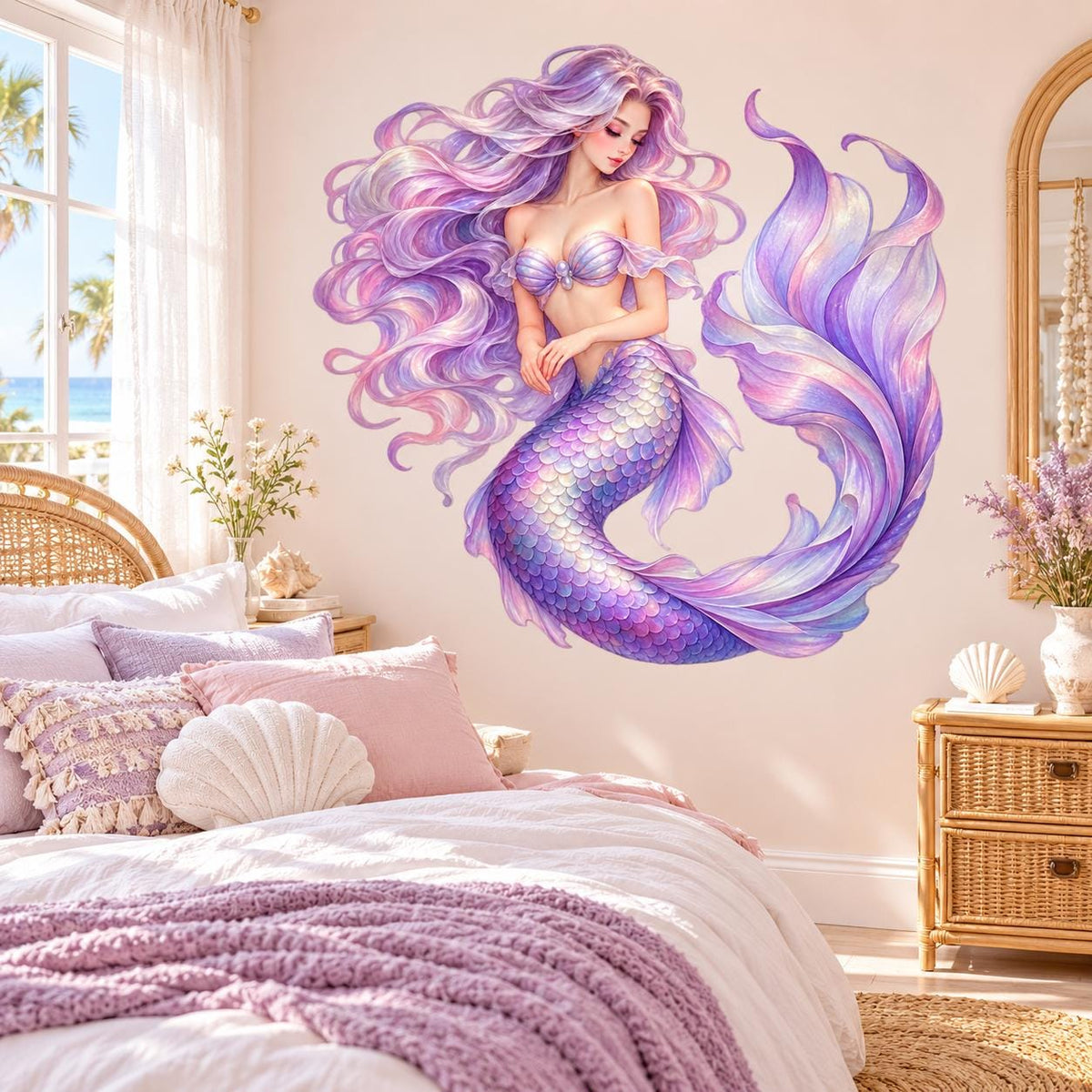 Purple Mermaid Wall Decal | Fantasy Bathroom Decor | Lavender Vinyl Wall Sticker | Whimsical Ocean Inspired Wall Decor | Large Mermaid Art